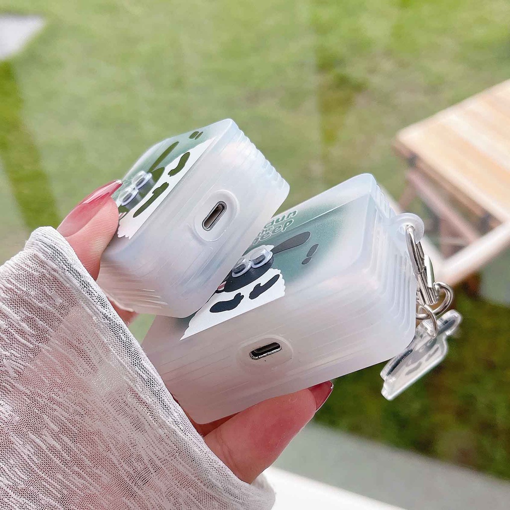 Vỏ Bảo Vệ Hộp Sạc Tai Nghe Airpods 1 / 2 / 3 / pro Hình Vuông Họa Tiết Chú Cừu Mắt Đen Dễ Thương Kèm Móc Tre