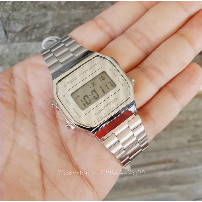 Đồng hồ Nam Casio A168WEM-7, đồng hồ chính hãng, mặt tráng gương, dây bạc mặt bạc