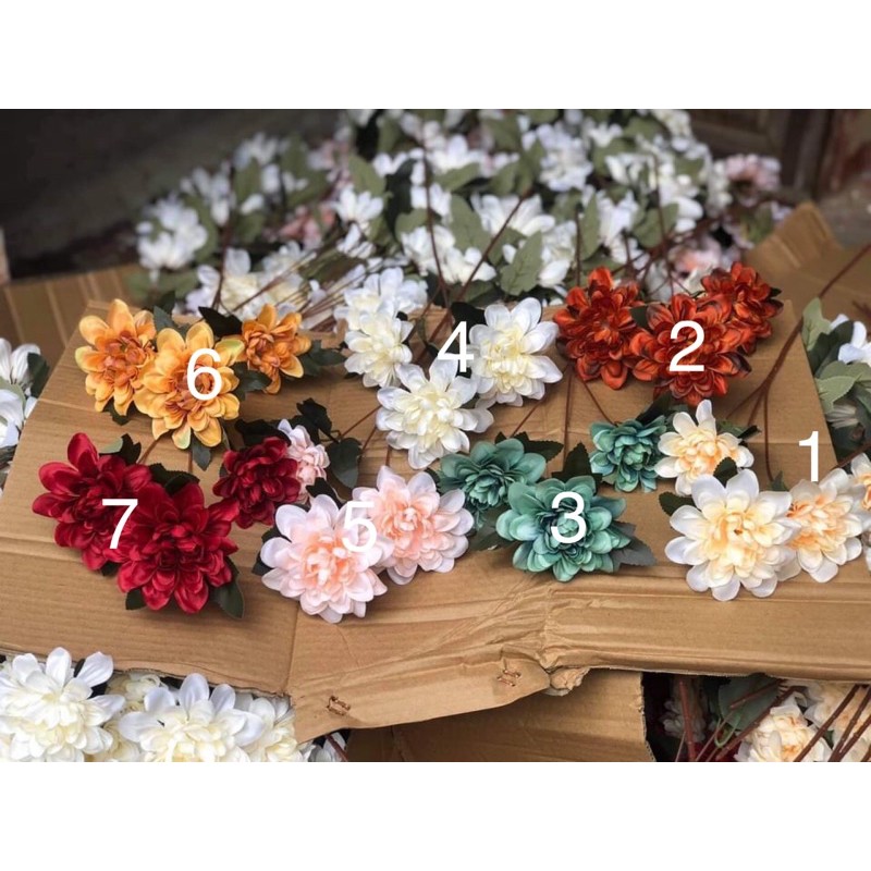 Hoa Cúc Thược Dược lụa nhập khẩu cành 3 bông nở dài 70 cm cao cấp decor siêu đẹp (shop có 2 loại)