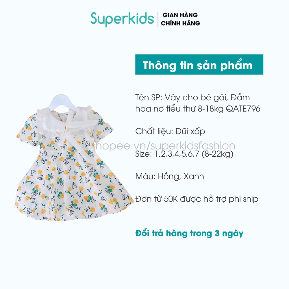 Váy cho bé gái, Đầm hoa nơ tiểu thư 8-18kg QATE796