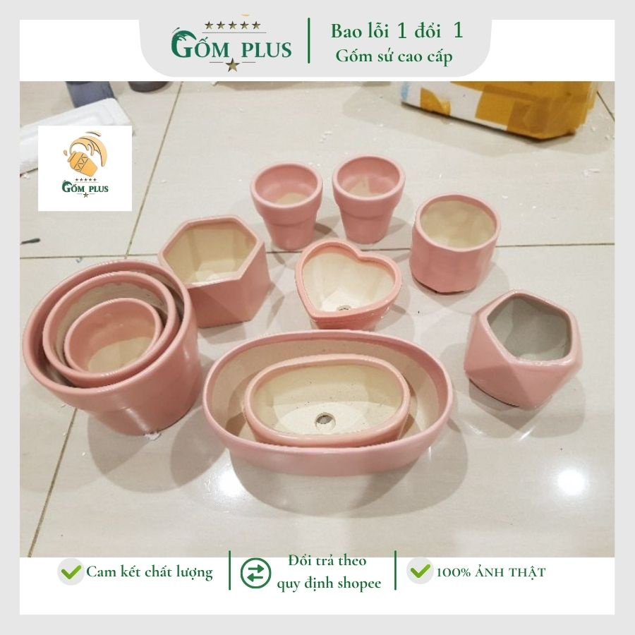 Chậu cây mini trồng sen đá, cây cảnh nhỏ, Set 11 chậu sứ trồng cây tông màu hồng, Gốm sứ Bát Tràng, Gốm Plus