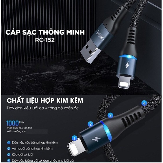 Cáp sạc tự ngắt Remax RC-152i cổng Lightning cho iPhone Chính Hãng