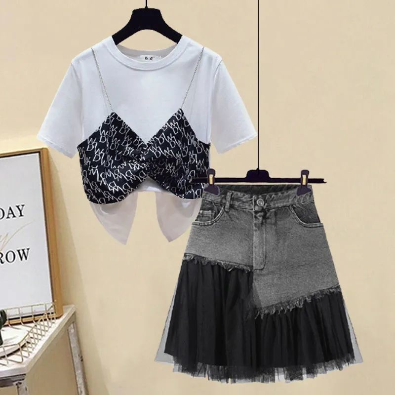 Set áo ngắn tay kèm yếm dây và chân váy denim lưng cao thời trang mùa hè cho nữ