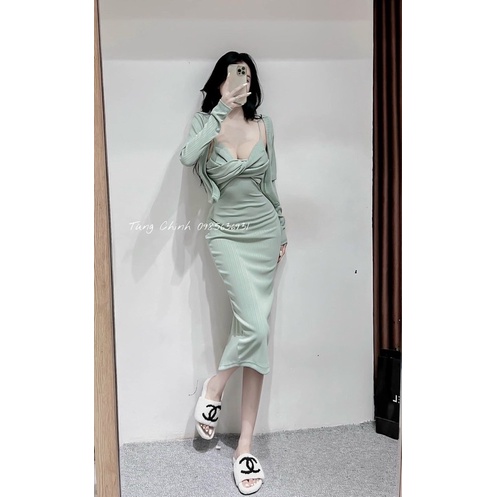 Set Đầm Maxi Dây Xoắn Xoén Ngực Kèm Khoác