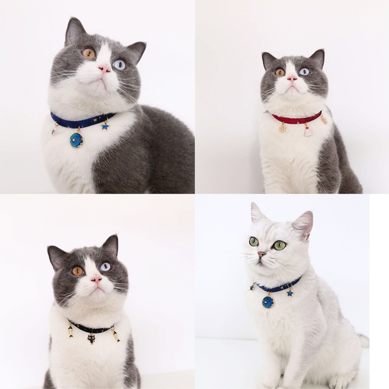 Vòng cổ nhung trang trí mặt bông tuyết/ bầu trời/ hoa đào/ mèo đen điều chỉnh được mạ đồng xinh xắn dành cho thú cưng