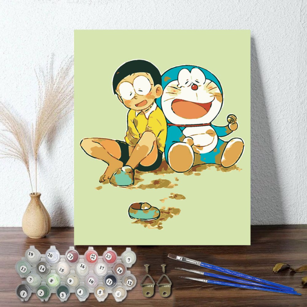 Tranh Tự Tô Màu Sơn Dầu Theo Số Doremon Nobita, tranh số hóa hoạt hình mimi art TT9002 full khung khung phụ kiện