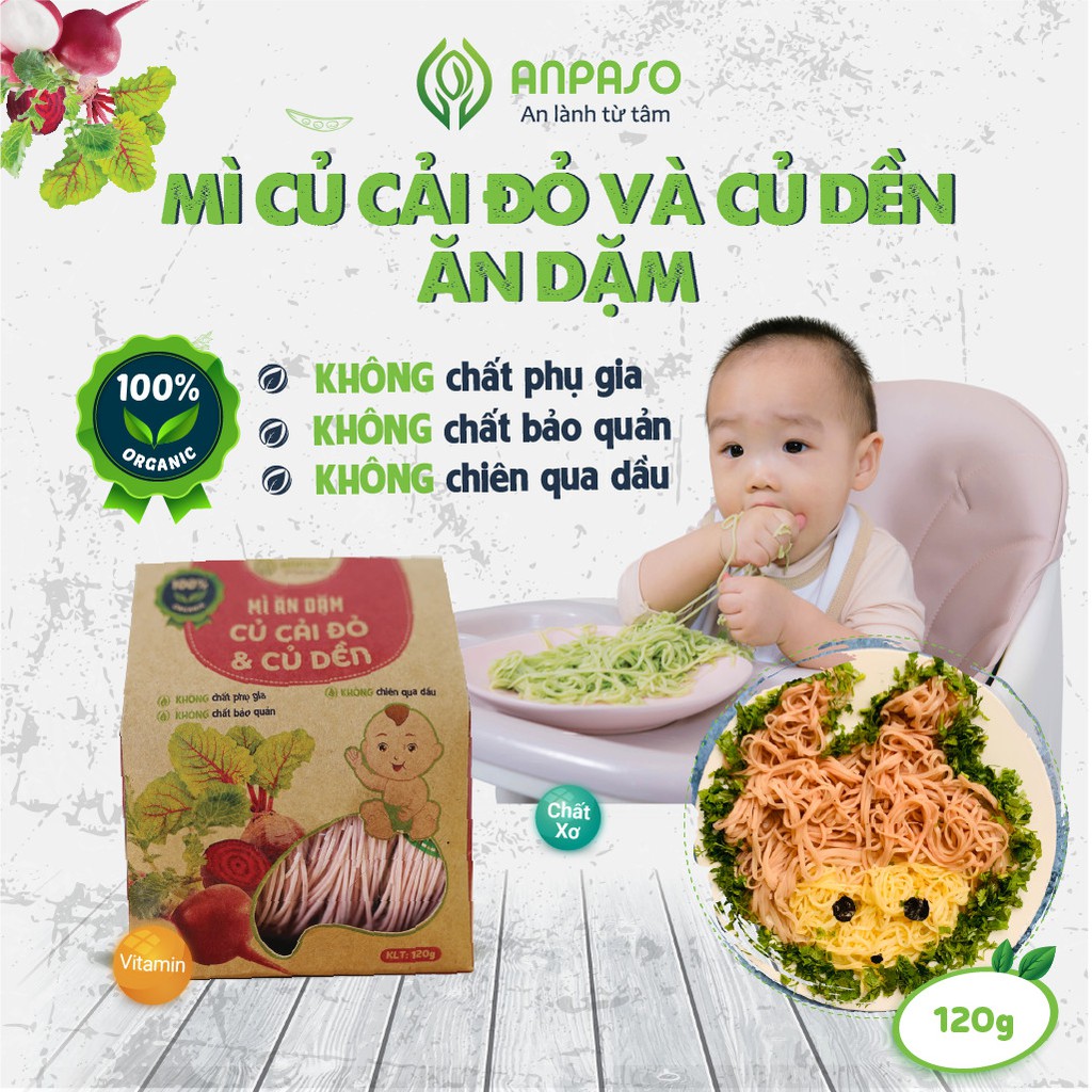 Mì Ăn Dặm Cho Bé Củ Cải Đỏ Và Củ Dền Hữu Cơ Organic Anpaso BLW, kiểu Nhật 7  tháng bổ sung chất xơ cải thiện táo bón 120g