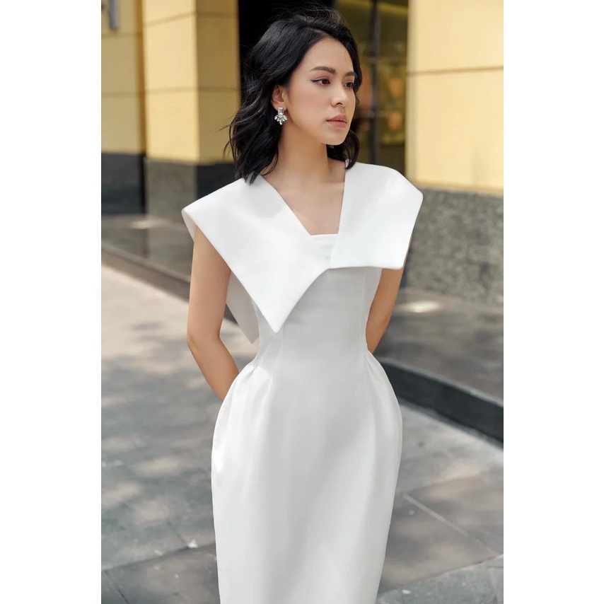 Đầm ôm body dáng dài sát nách phối bèo cổ (HÀNG CAO CẤP)