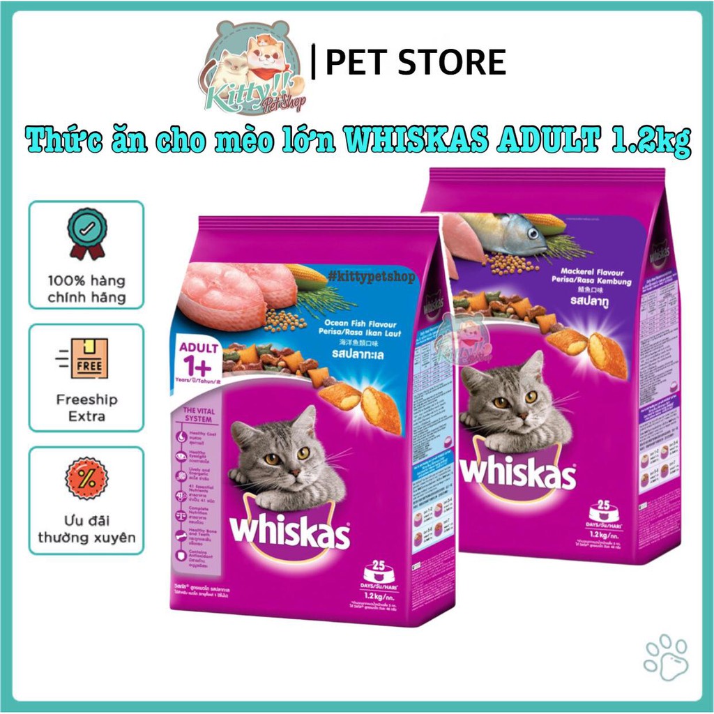 Thức ăn hạt Whiskas Adult dành cho mèo trưởng thành, vị cá ngừ, vị cá thu, vị cá biển túi 1.2kg - Kitty Pet Shop BM