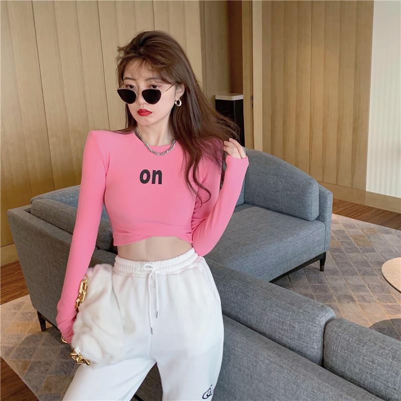 Áo Thun Lửng Tay Dài Dáng Ôm Thêu Chữ Thời Trang Xuân Thu 2021 Phong Cách Mới