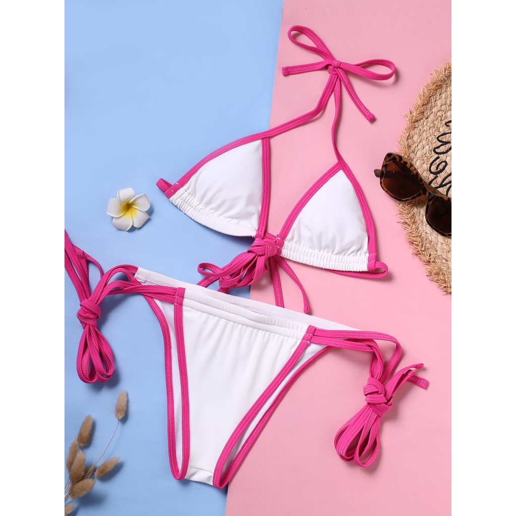 [BKN1504] &lt;ÂU&gt; SET BIKINI TRẮNG VIỀN HỒNG NƠ NGỰC BKK