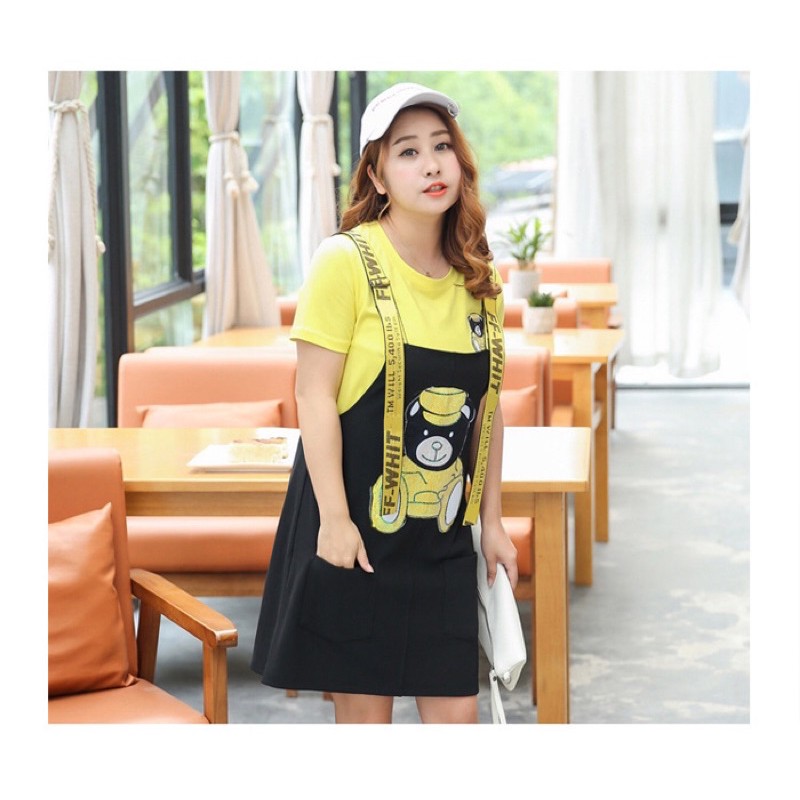 set đầm yếm kèm áo thun vàng big size in gấu size 65-105kg