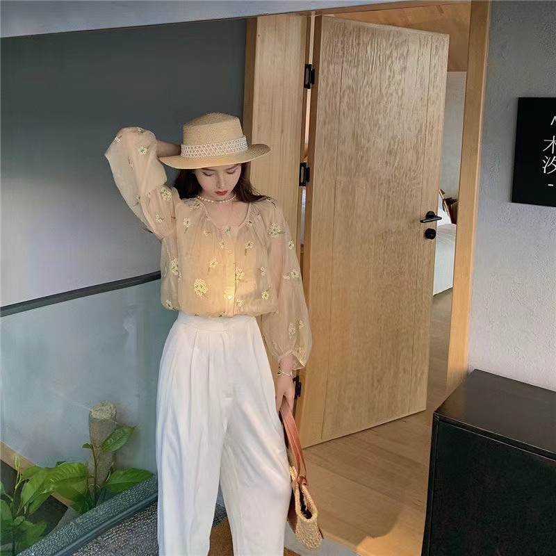 Áo Sơ Mi Voan Dài Tay Thêu Hoa Phong Cách Hàn Quốc Cho Nữ baju baju wanita Lenan panjang