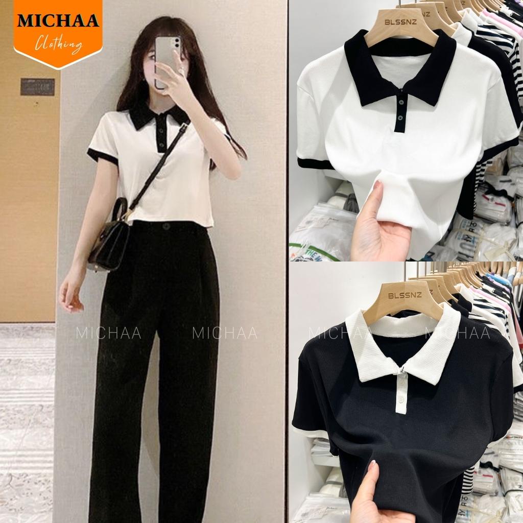 Áo Croptop CỔ POLO PHỐI Màu Đen Trắng Nữ, Áo Cổ Bẻ Tay Ngắn Đẹp - MICHAA