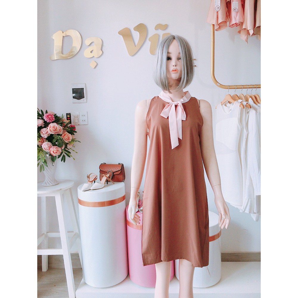 VÁY NUDE CỔ YẾM CỘT NƠ, FOM NGẮN DÁNG SUÔNG XÒE NHẸ