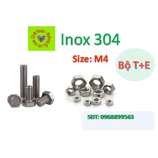 Bulong ren suốt, Bu lông lục giác ngoài ren suốt size M4 bộ Thân và đai ốc hay còn gọi là bộ TE