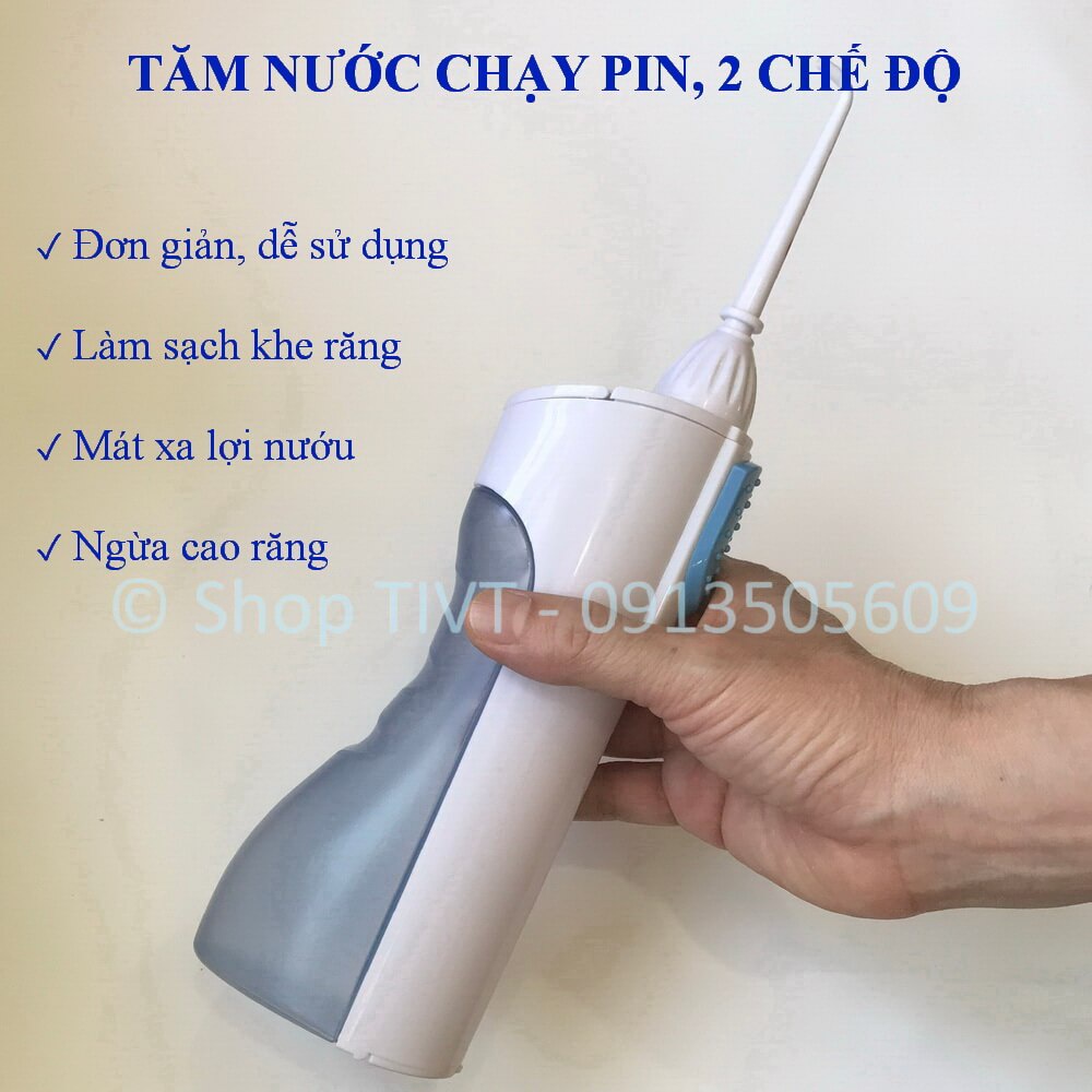 Tăm nước điện đơn giản 2 chế độ, lắp 2 pin AA, dễ sử dụng, làm sạch kẽ răng, mát xa lợi, chống hình thành mảng bám-TIVT