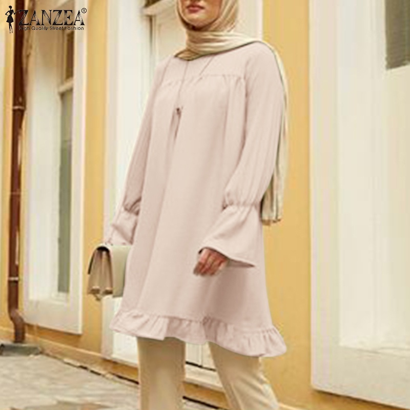 Zanzea Áo Kiểu Babydoll Tay Phồng Màu Trơn Thời Trang Cho Phụ Nữ Hồi Giáo