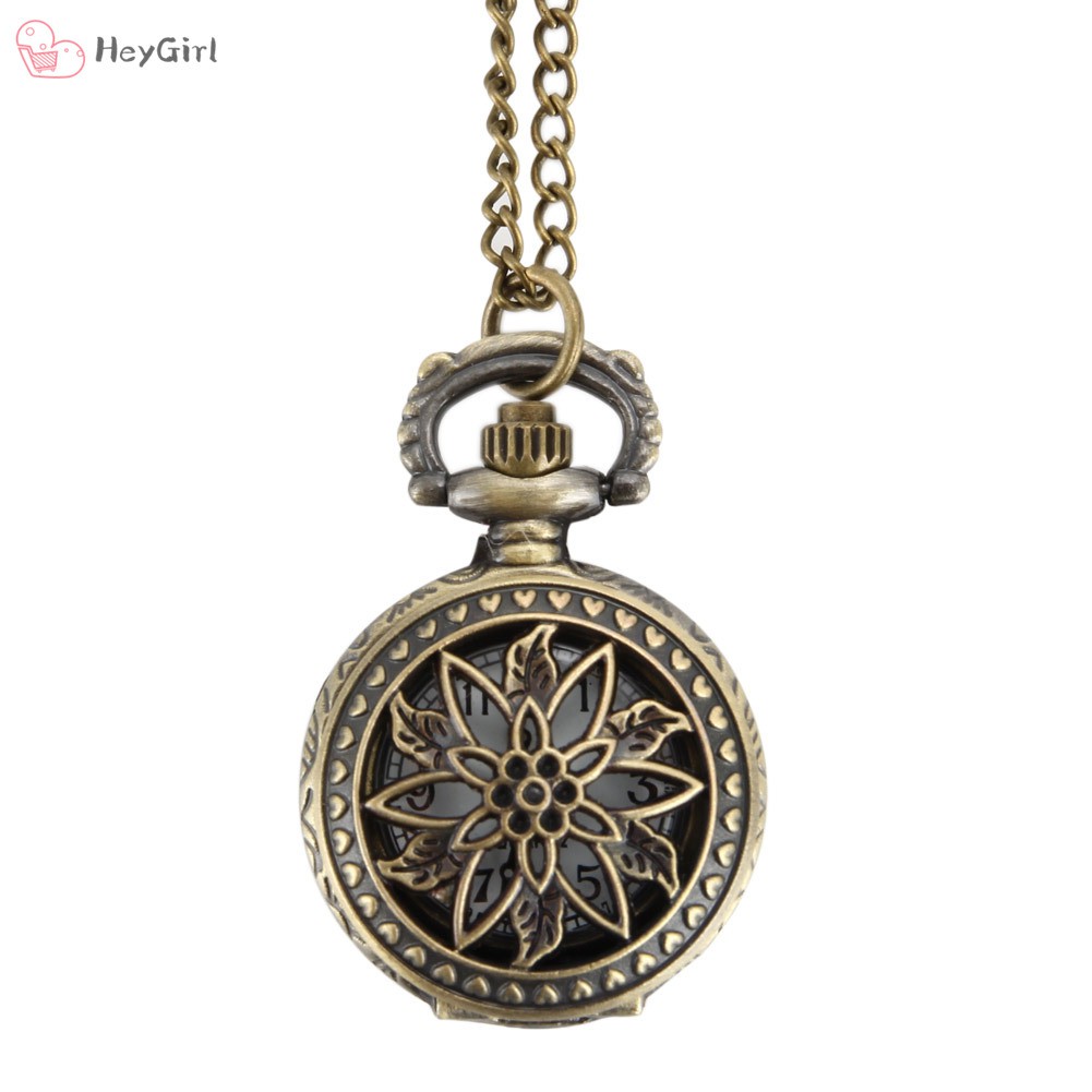 Fashion Vintage Women Pocket Watch Alloy Retro Hollow Out Flowers Pendant Clock Sweater Necklace Chain Watches Lady Gift