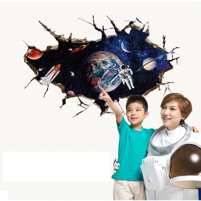 Decal dán tường trang trí - Vết nứt phi hành gia ngoài vũ trụ sắc nét