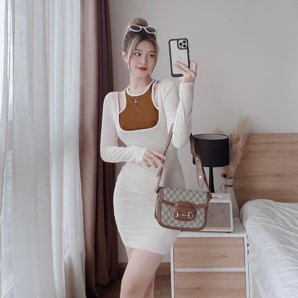Đầm Body Tay Dài Khoét Vai Phối Viền