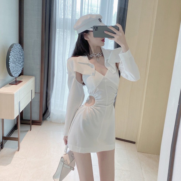 (r134) đầm ulzzang váy dây kết hợp áo sơ mi cutout sang chảnh(kèm ảnh thật)