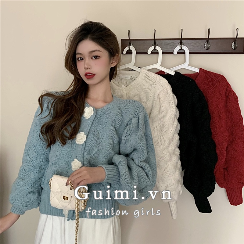 Áo khoác cardigan NZN tay dài phồng có nút cài kiểu hoa hồng ba chiều phong cách Hàn Quốc thời trang dành cho nữ