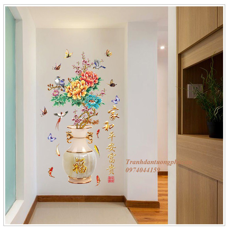 Decal dán tường 3D bình hoa mẫu đơn size to 90cm x 1m5