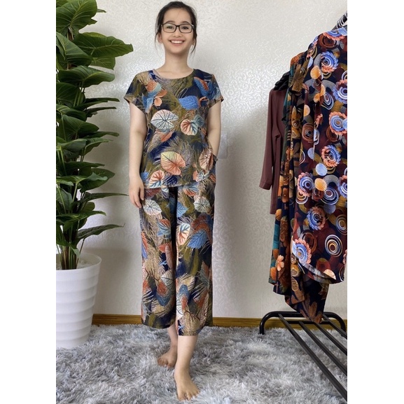 Bộ mặc nhà trung niên, lanh nhung lửng cao cấp