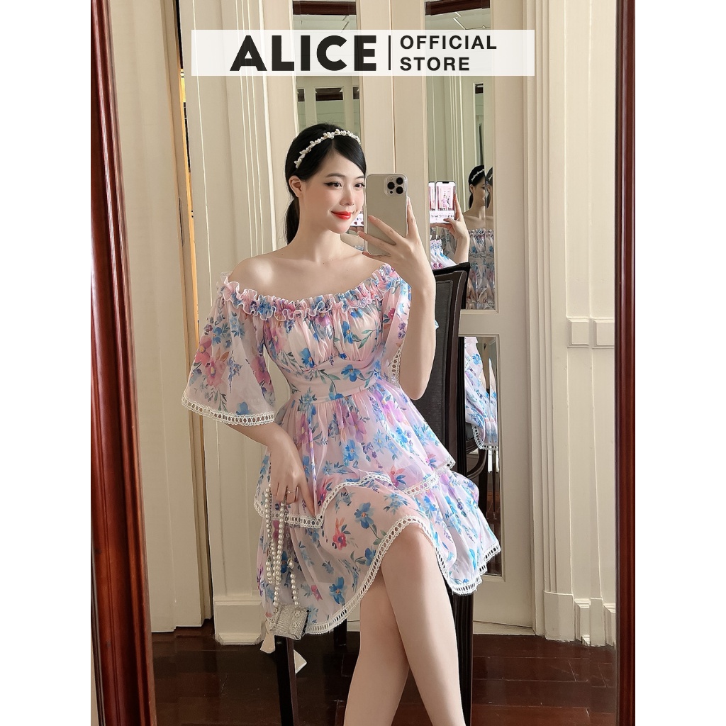 Váy Trễ Vai Tiểu Thu Cổ Yếm ALICE Thiết Kế 2 Tầng Phối Cổ Bèo Sang Chảnh, Chất Liệu Tơ Óng Cao Cấp V806