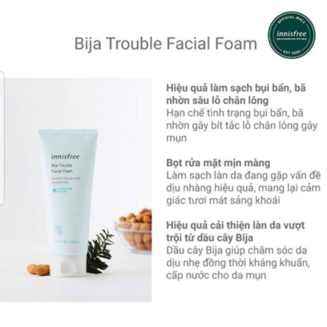 Sữa Rửa Mặt INNISFREE BIJA TROUBLE FACIAL FOAM - Cứu Cánh Cho Làn Da Bị Mụn