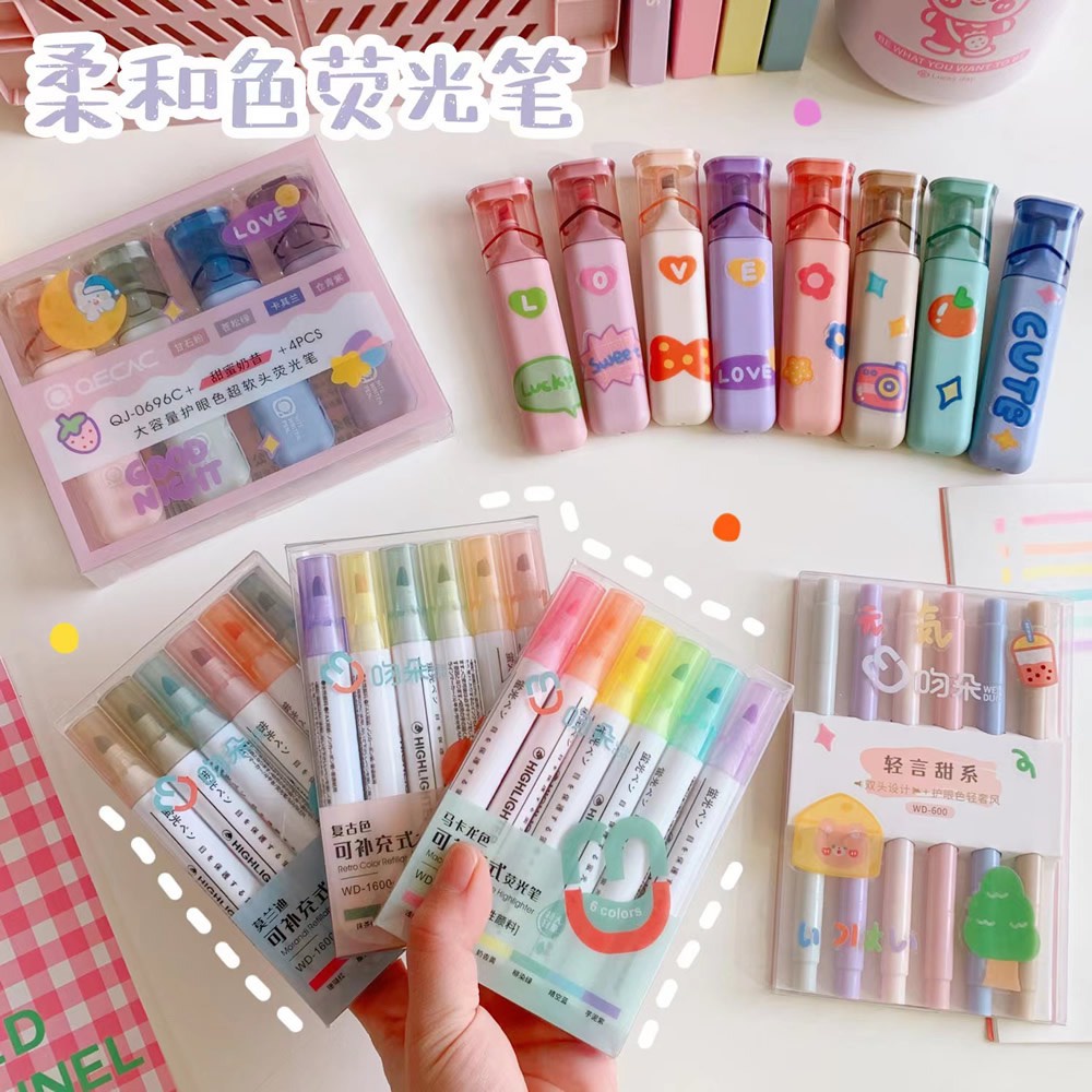 Bút dạ quang 6 màu highlight, bút đánh dấu nhớ dòng cute nhiều màu marker dễ thương