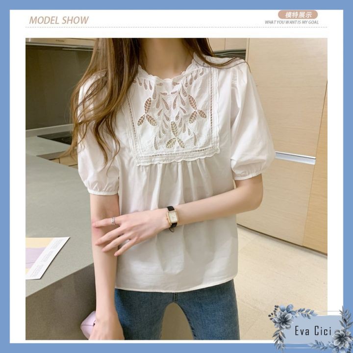 {Evacici}Sơ mi nữ cổ điệu thêu hoa tay phồng. Sơ mi babydoll cổ điệu tay phồng.