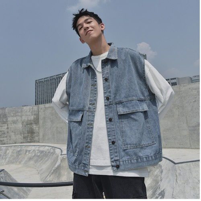 Áo Gile Jeans Bò Unisex Form rộng phong cách Hàn Quốc