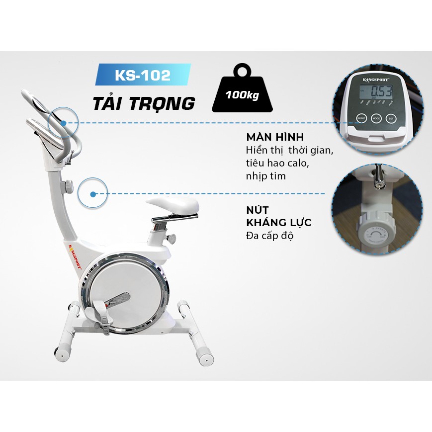 Xe đạp tập thể dục tại nhà Kingsport KS-102 tải trọng tối đa 100kg, tích hợp đồng hồ thông minh đo các thông số khi tập
