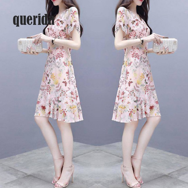 Đầm Tay Ngắn Hoạ Tiết Hoa Thiết Kế Thanh Lịch Cho Nữ