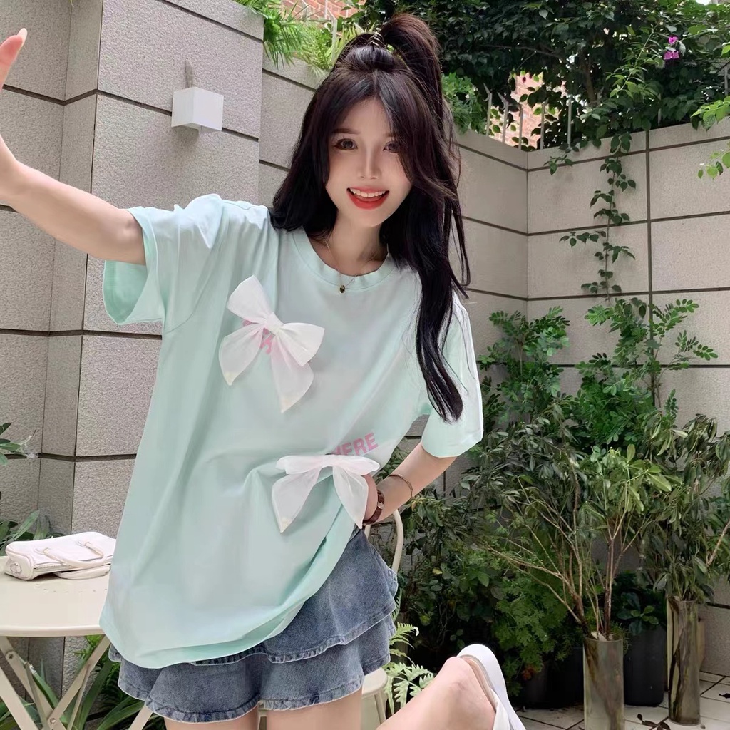 Áo Thun Tay Ngắn Dáng Rộng Thắt Nơ Ba Chiều Màu Xanh Bạc Hà Phong Cách Hàn Quốc Thời Trang Mùa Hè Mới Cho Nữ