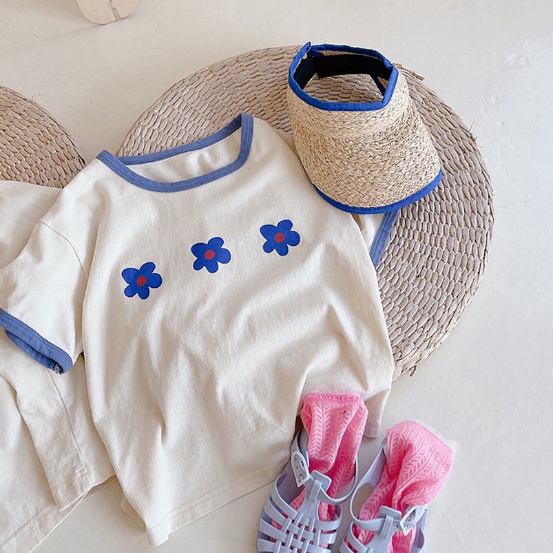 Áo Thun Cotton Tay Ngắn Cổ Tròn In Họa Tiết Hoa Đơn Giản Thời Trang Mùa Hè Hàn Quốc Mới