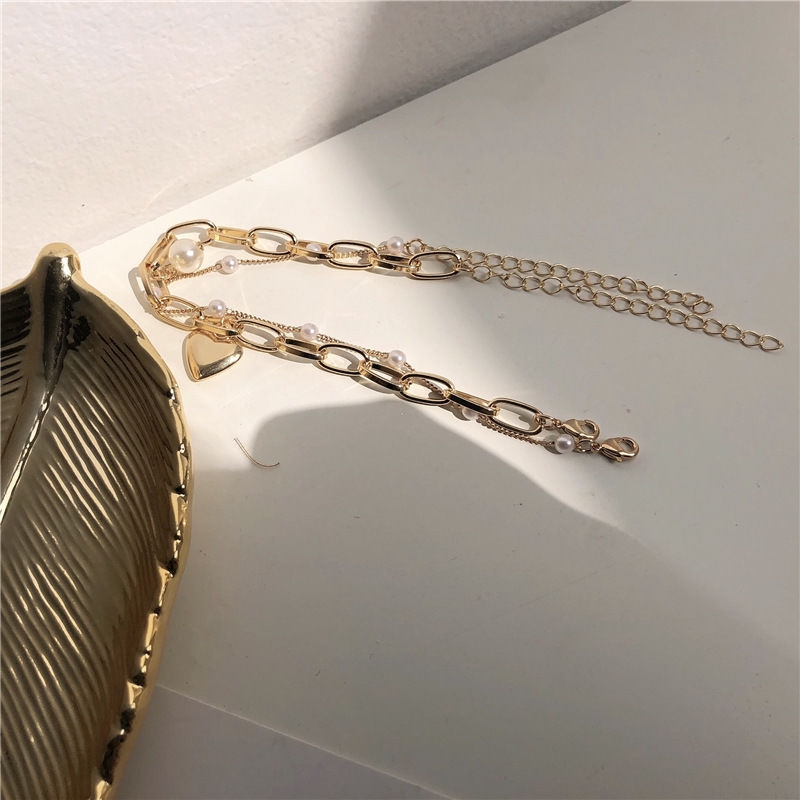 Vòng tay ngọc trai mặt trái tim hai lớp bằng kim loại phong cách mori ngọt ngào sang trọng đa năng 22453