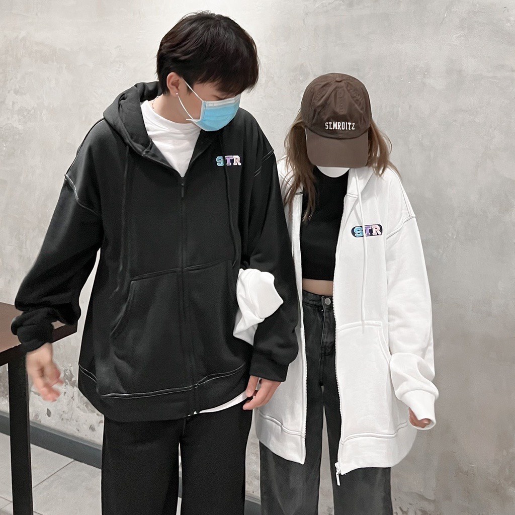 Áo Khoác Chỉ Nổi STR Nam Nữ Unisex Dáng Rộng Tay Bồng- Áo Khóa Nỉ Sweater Nam Nữ Bo Tay