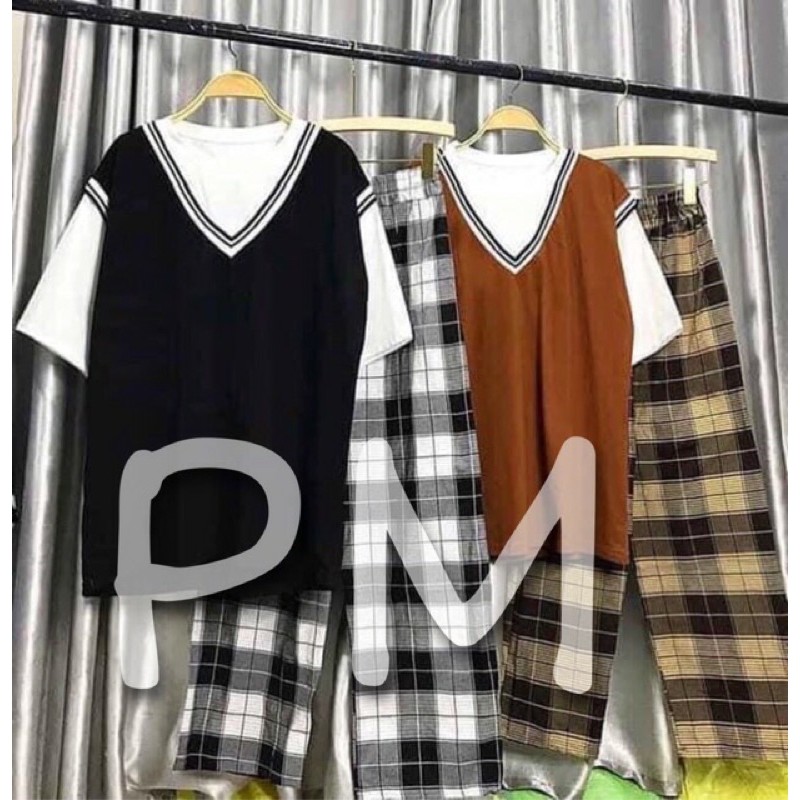 [ Mã FAMAYWA2 giảm 10K đơn 50K] sét áo gile viền kẻ+quần kẻ ống rộng | BigBuy360 - bigbuy360.vn