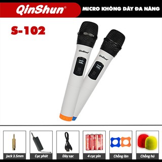 Micro không dây cao cấp QinShun S-102, 2 Micro tương thích 1 đầu thu, dành cho loa kéo, amply có cổng 6.5 - BH 6 tháng