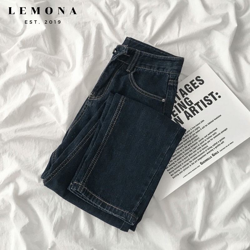8580 | Quần Baggy Jeans Đen Xanh Cạp Cao Dáng Basic Hàn Quốc Dễ Mặc