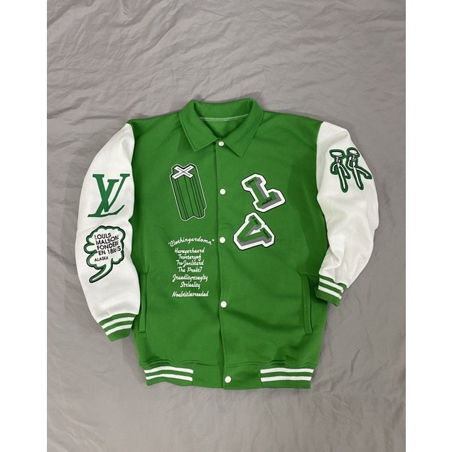 VARSITY JACKET BOMBER VL - Áo khoác nỉ lót bông LV Xanh Lá Siêu Hot