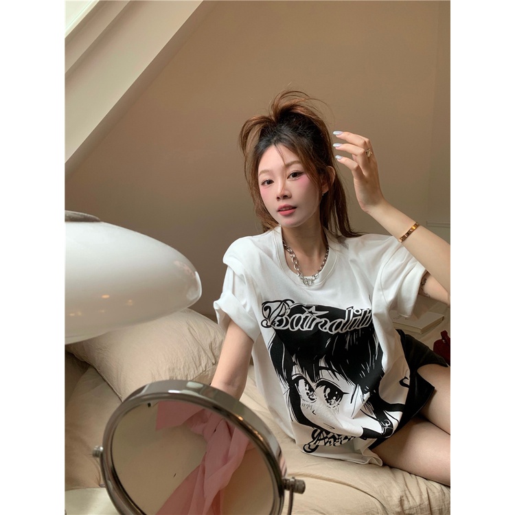 「MOTEL7」Áo Thun Tay Ngắn Cổ Tròn Dáng Rộng Vải Cotton In Họa Tiết Hoạt Hình Phong Cách Retro Dành Cho Nữ