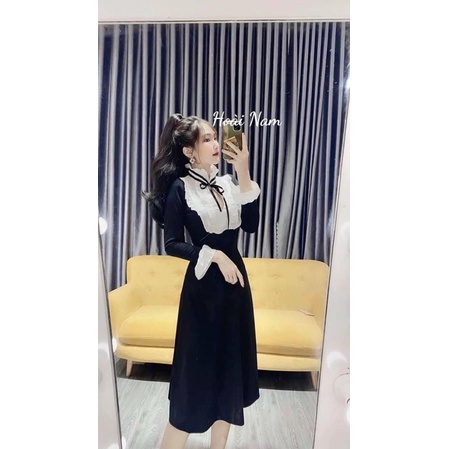 Váy xinh dài tay cổ sơ mi tay bồng, váy nữ dáng xoè màu đen đi chơi đi làm dạo phố sang chảnh tiểu thư Hàn Quốc