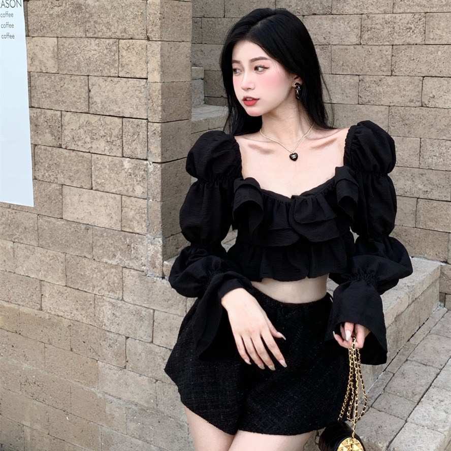 Áo croptop kiểu cổ vuông tay dài PINKSTORE29, tay phồng kiểu bánh bèo A5359