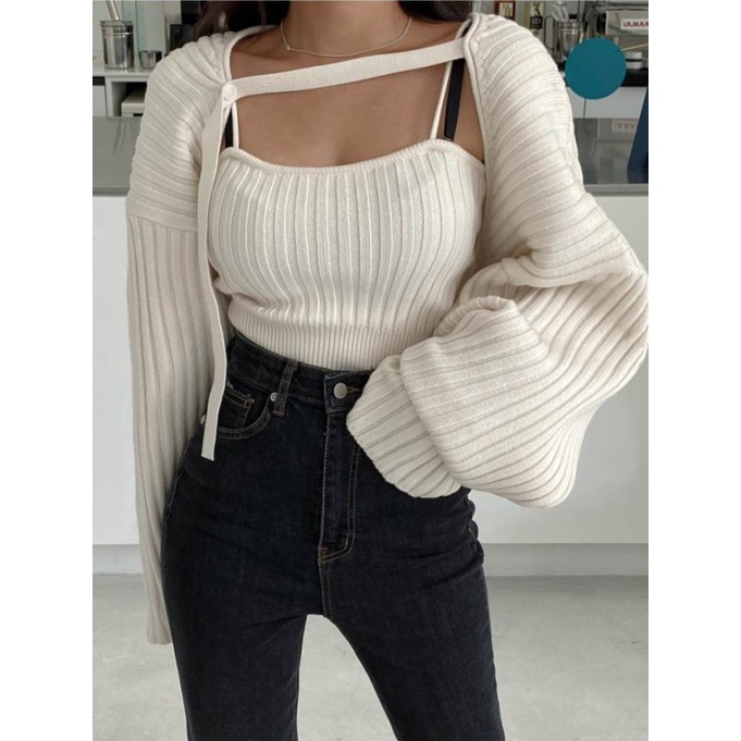 Set áo hai dây + áo khoác cardigan phong cách retro Hàn Quốc sành điệu cho nữ Xiaozhainv | BigBuy360 - bigbuy360.vn