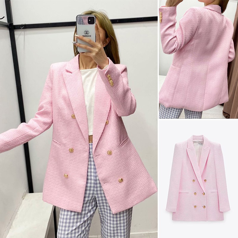 ÁO BLAZER ZRA NỮ MÀU HỒNG VẢI DỆT HAI HÀNG KHUY