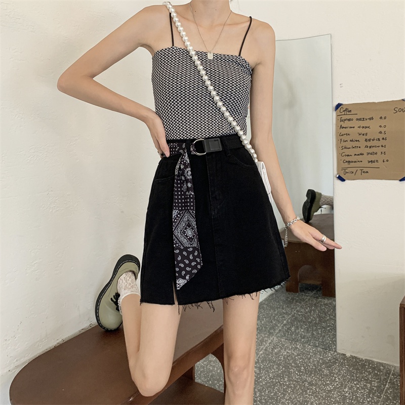 Chân váy bò xẻ kèm đai lưng Chân váy jean cá tính FIRST DATE phong cách Hàn Quốc